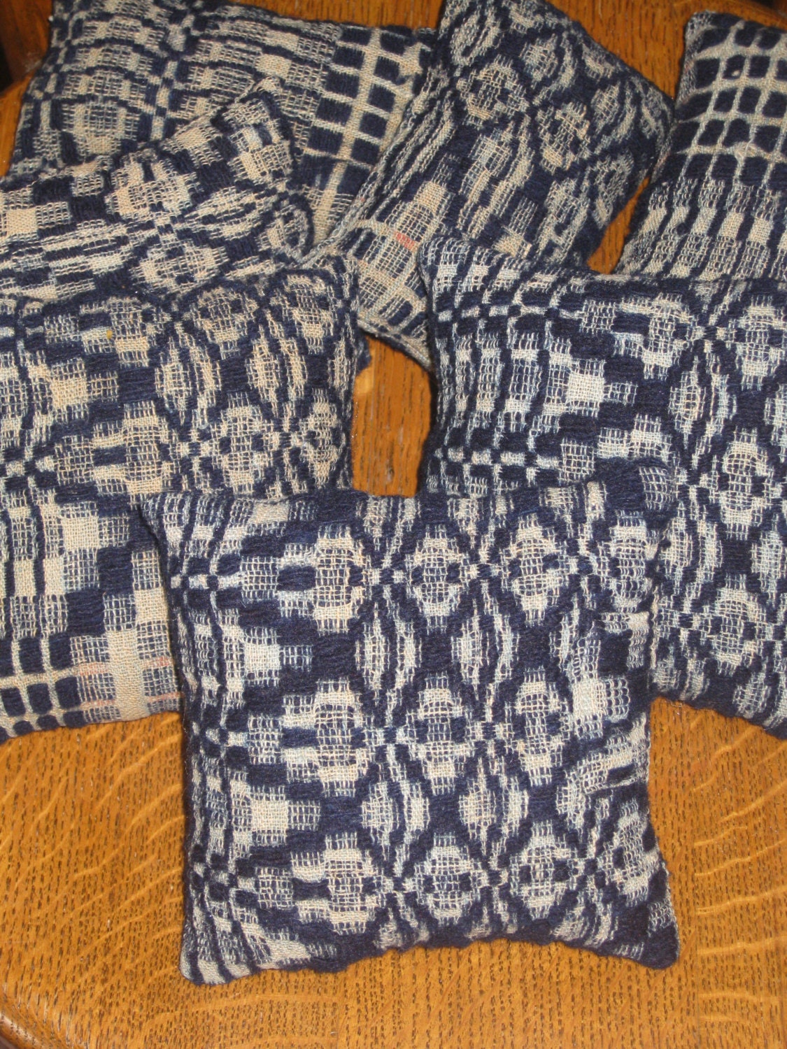 Pincushion 1800s Fabric Antique Woven Coverlet Indigo Blue Early American Pinkeep