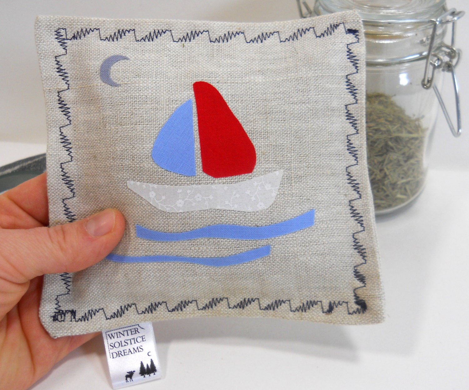 Organic Herb Filled Linen Sachet wih Original Sailboat Design Applique - Seaside Dreams Scented