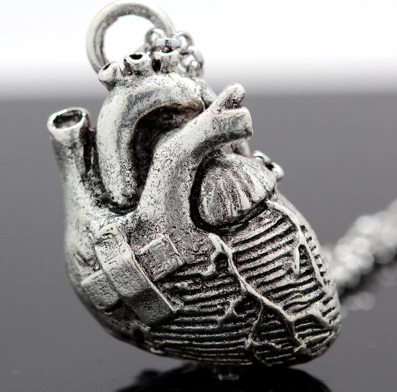 Broken Heart Anatomical Heart Necklace in antique silver on a 24 inch chain (Original Design & Made in NYC)