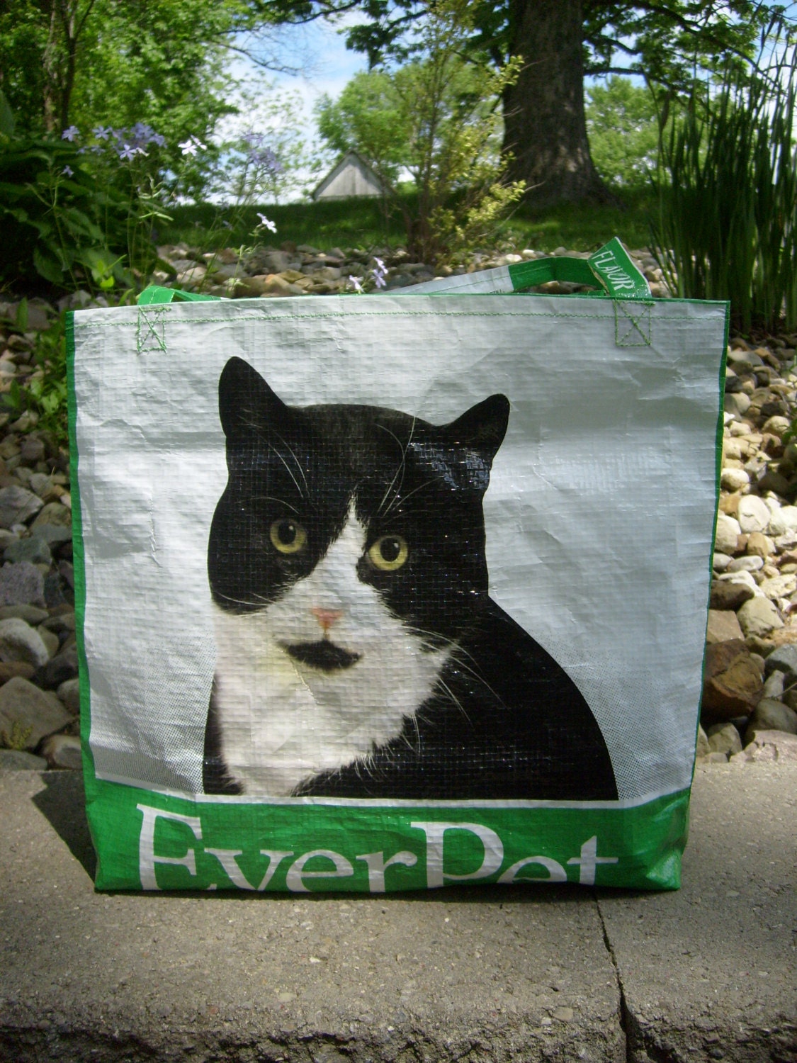 Recycled Feed Sack Black and White Cat Food Shopping Bag Tote Purse