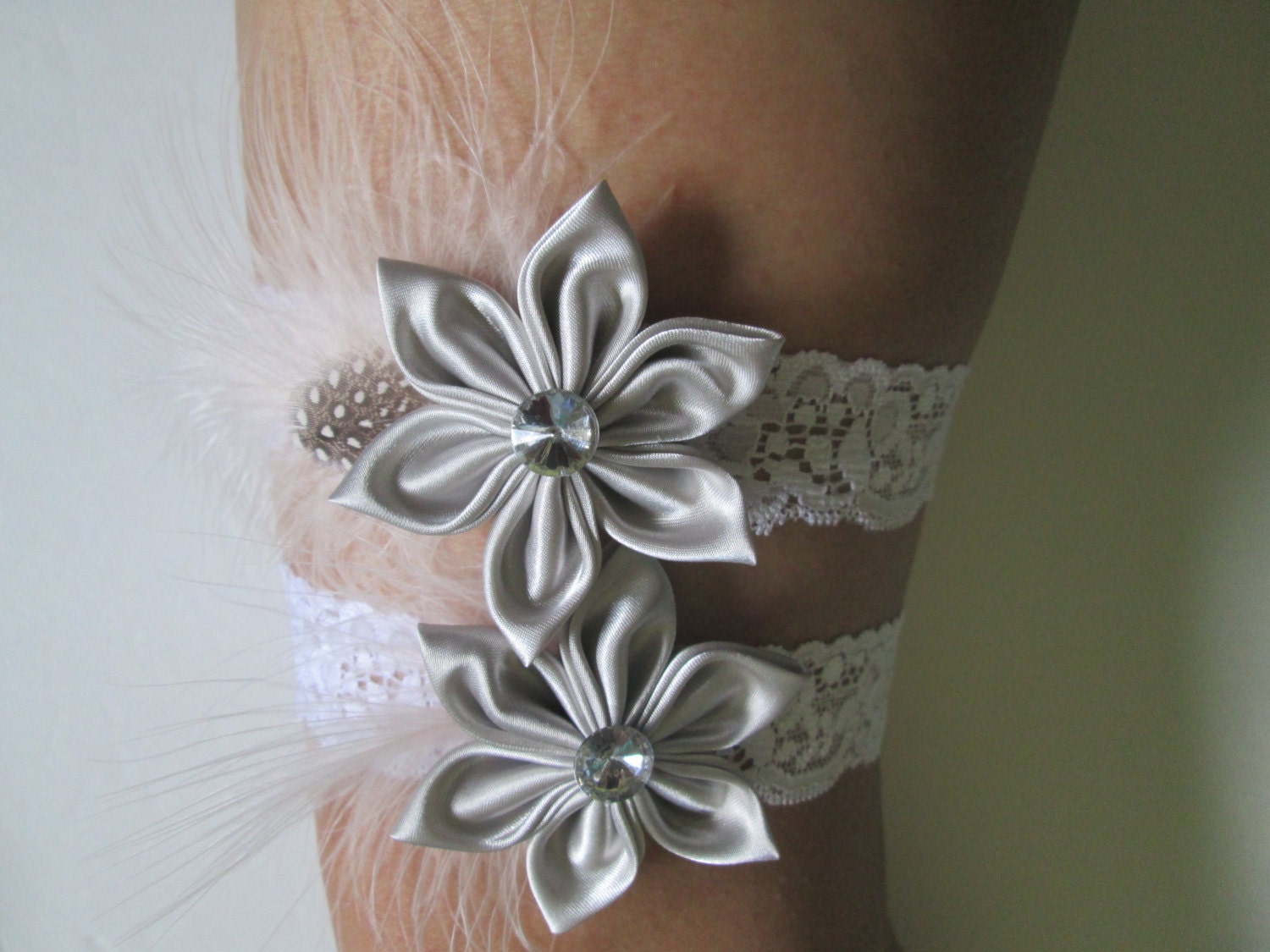 Bridal Wedding Garters, White Lace Garters, Stretch Lace Garters, Silver Satin Garter, Pale Pink Garter, Heirloom Garter, Shabby Chic Garter