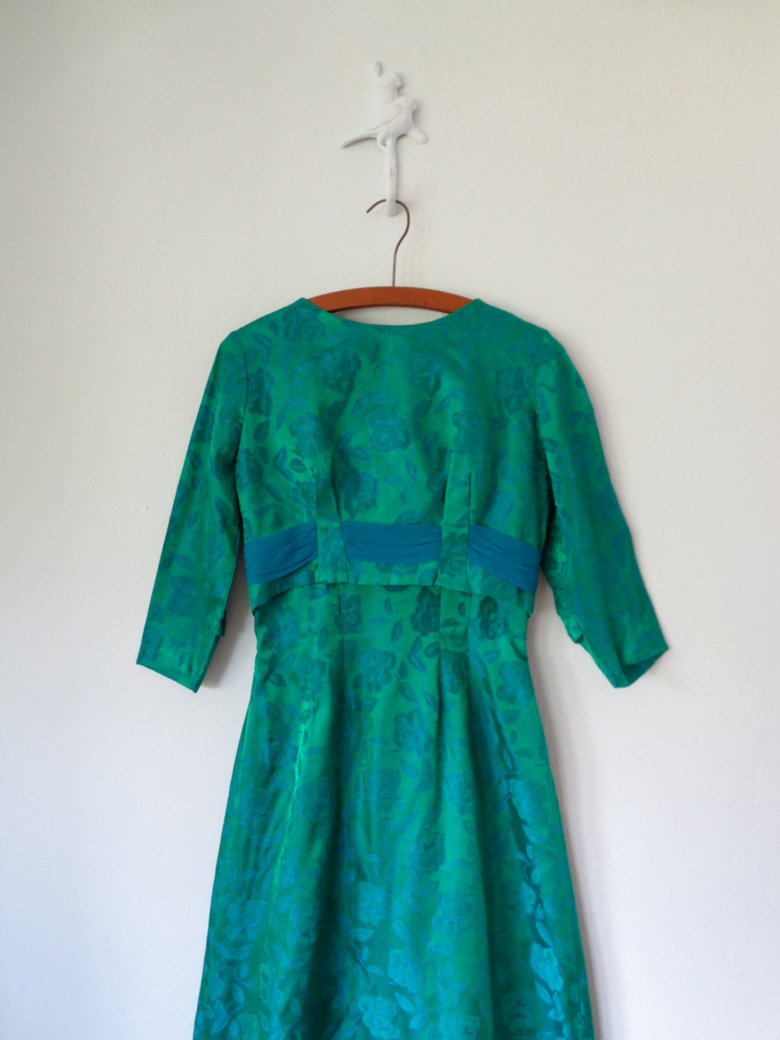 60s Brocade Maxi Dress ... Emerald Green Blue Chiffon Cascade Trail Jacket ... Small / Medium