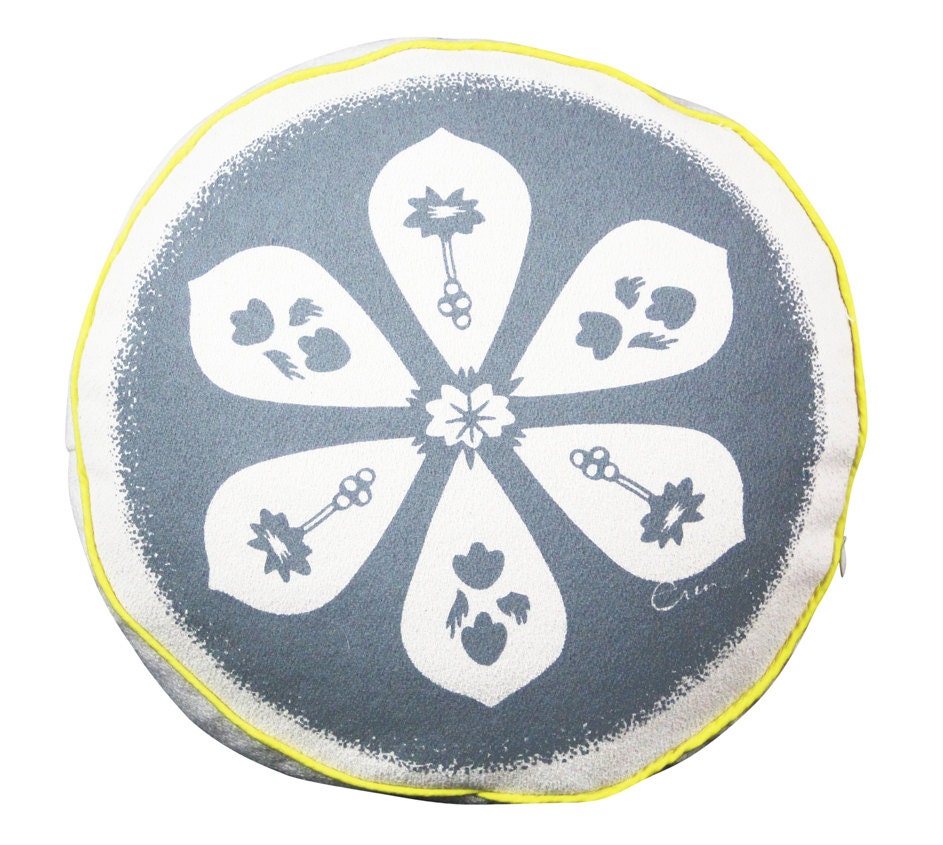 Floor Cushion, Round, Gray, Mid Century, Flower, Reversible, Hand Printed on Cotton Bark Cloth, Ships Free