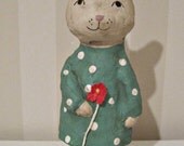 RABBIT- BUNNY papier mache- folk art- handmade art doll - ooak doll  polka dots