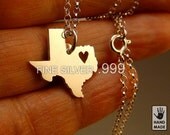 Tiny  TEXAS State ,fine silver FS .999 State pendant,sterling  silver chain, custom heart