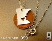 Minnesota, fine silver FS .999 State pendant, sterling  silver chain, custom heart