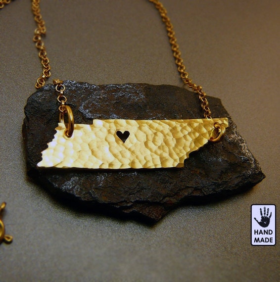 Tennessee State Gold  pendant plated 24K gold, chain plated 24K gold, custom heart, handmade