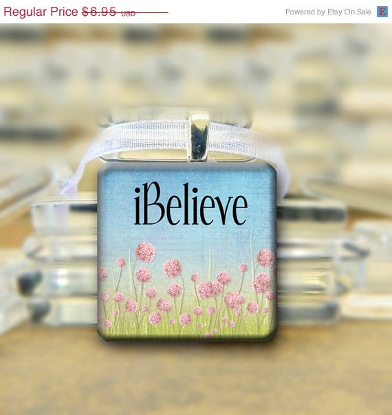 SALE I Believe Flowers Pendant with necklace - 1 inch square glass tile