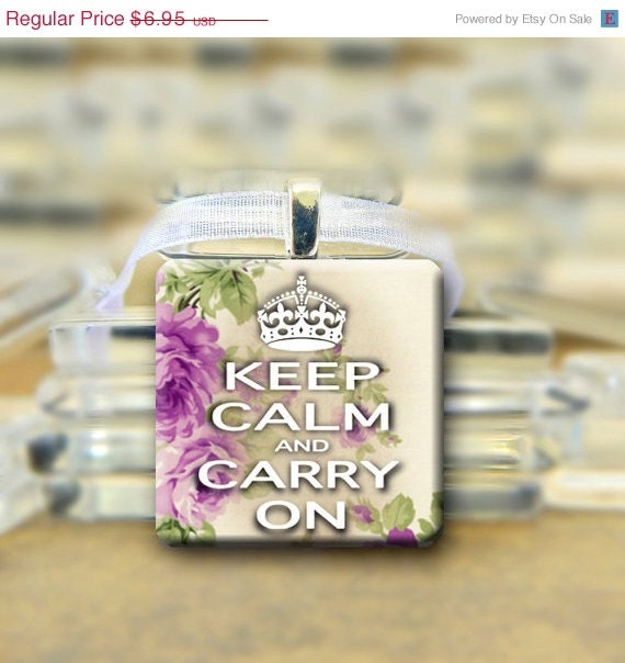 SALE Keep Calm  Pendant  Necklace - Purple Roses - 1 inch square tile