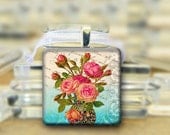 SALE Pink Roses Glass Pendant -  Bouquet Necklace - 1 inch square tile
