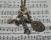 Vintage Sacred Heart Medal with Repurposed Vintage Rhinestone Earring and Cross Charms Necklace
