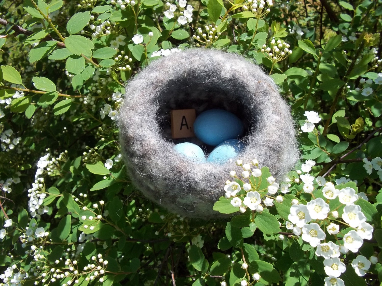 Felted Wool Bird Nest with Paper Mache Eggs