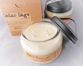 Cedar Sage Pure Natural Aromatherapy Essential Oil Soy Candle in 10 Oz. Rustic Glass Jar with Gift Box