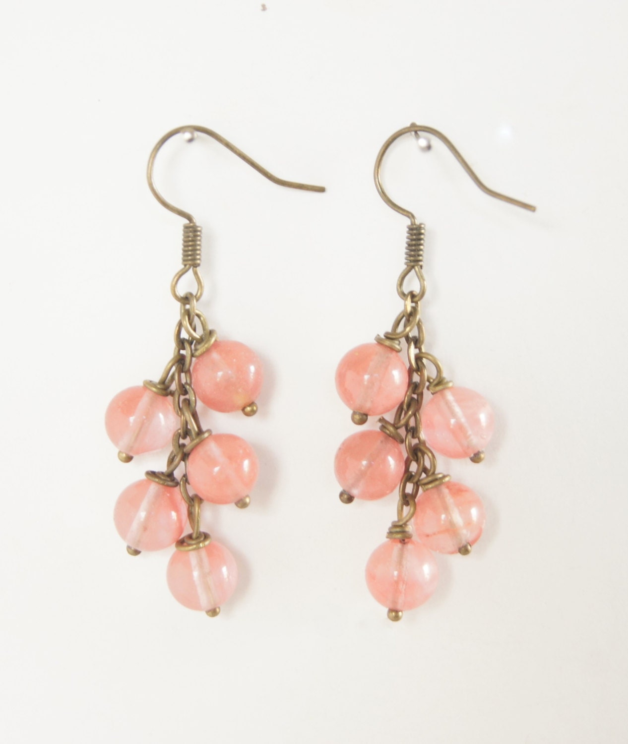 Cherry Quartz Bronze Earrings, Pink, Antique Bronze, Vintage Bronze, Coral