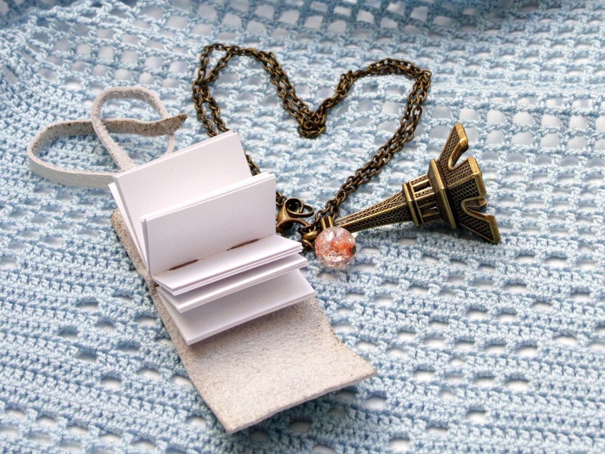 Mini Book Necklace, Eiffel tower Paris charm, miniature write in versatile jewelry