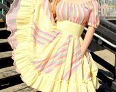 Vintage 1950s Square Dance Dress Summer Pastels in Eyelet and Rainbow Cotton with Pockets and Double Circle Skirt S M UNIQUE