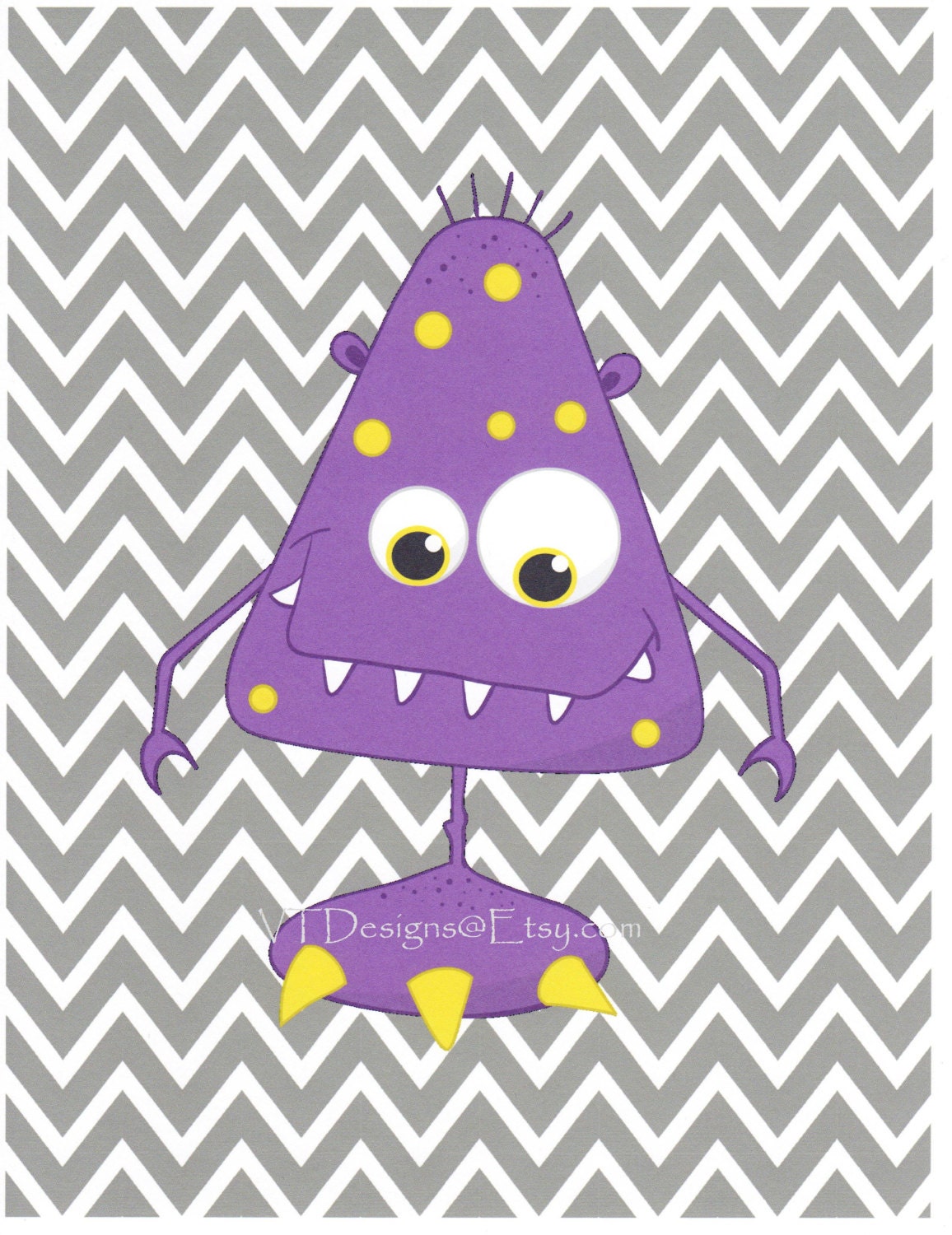 Kids Wall Art, Toddler Room Decor, Boys Room Art, Monsters, Chevron, Playroom Art, Purple Monster, 8x10 Print