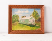 1950's Primitive Oil Painting of Green Country Cottage Landscape Signed