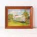 1950's Primitive Oil Painting of Green Country Cottage Landscape Signed