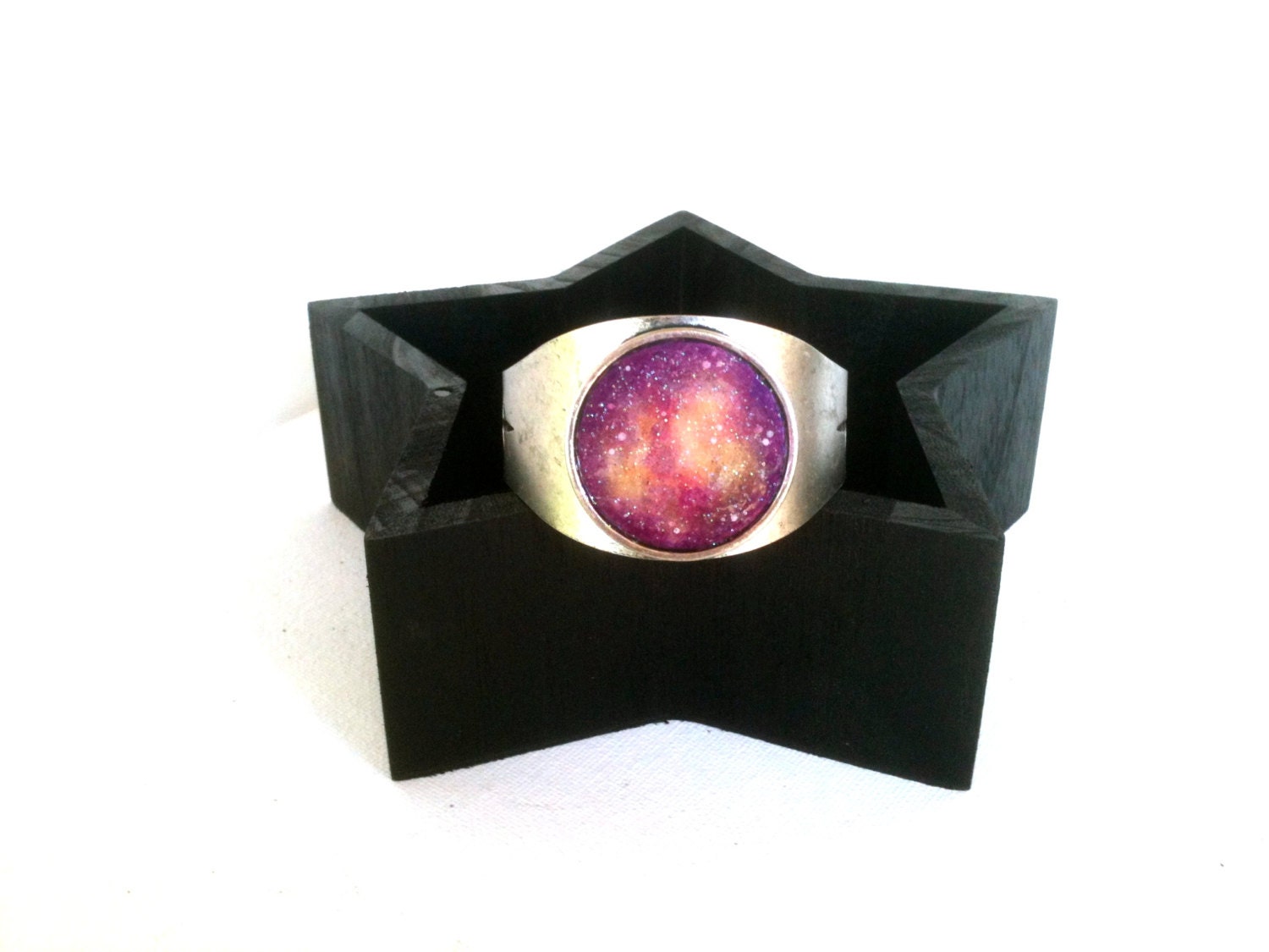 Pink Nebula Stargazer Silver Cuff Bracelet Handpainted by Roots and Wings Designs