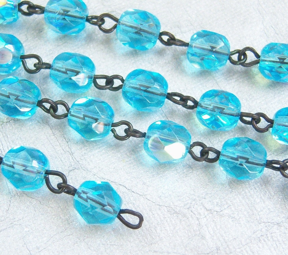 Czech beaded chain aqua AB beads with jet links (18) inches  - MB270
