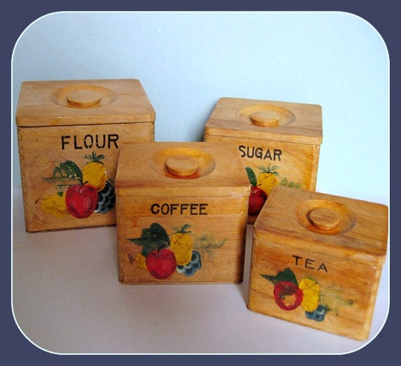 Canisters Canister Set Vintage Housewares Kitchen Storage Rustic Box Tea Holder Coffee Container Sugar Flour Wood Wooden Nesting Retro Decor