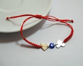 925 Sterling Silver Two Heart Red Rope Cord Charm Adjustable Macrame Bracelet