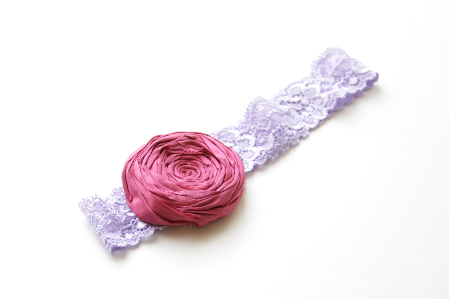 Toddler Baby Headband Rosette Flower Headband Purple Lavender Stretch Lace and Raspberry Pink Silk Rosette Flower Toddler Headband 15 inches