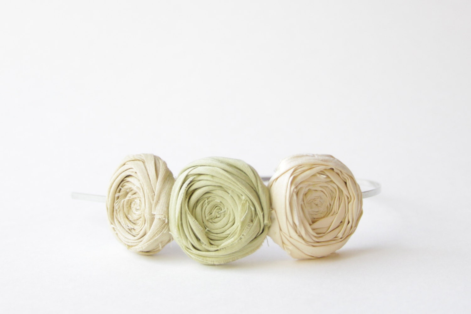 SALE Rosette Headband Spring Green Ivory Straw Silk Airy Morning Rosette Flower Headband Rosettes Ready to Ship Christmas Gift