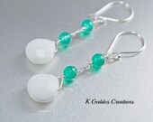 White Jade Earrings Kelly Green Agate Sterling Silver Wire Wrapped White and Green Gemstone Earrings