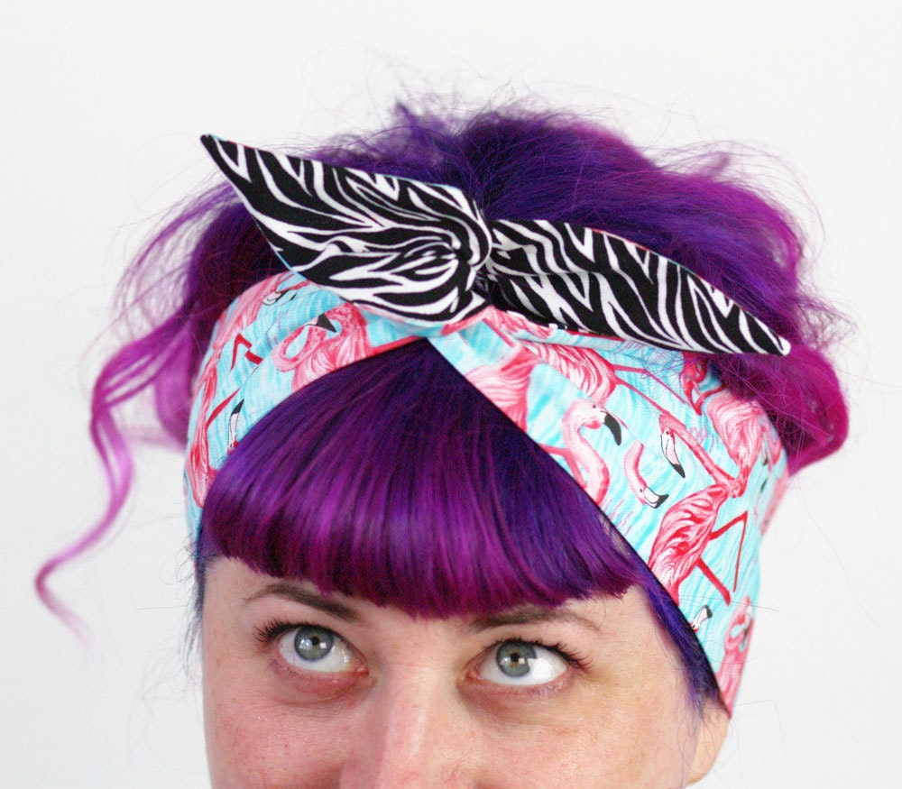 Rockabilly Reversible Wired Bow Headband, Flamingos and Zebra