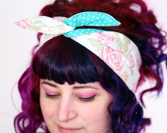 Valentines Reversible Wired Bow Headband, Cross Stitch Printed Roses and Turquoise and White Polka Dot