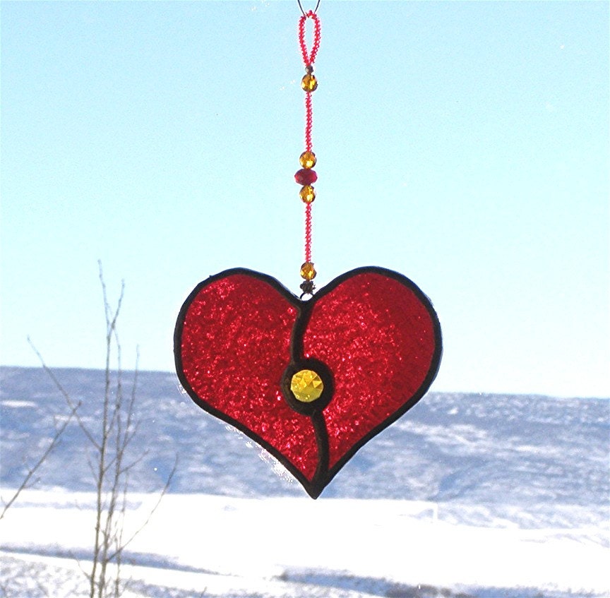 Ruby Red Stained Glass Heart Suncatcher with Gold Amber Gem and Beaded Strand