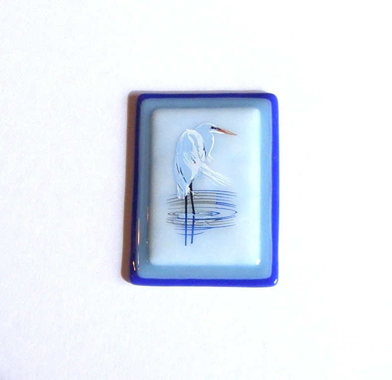 Large Fused Glass Magnet -  Snowy Egret on White and Blue Glass