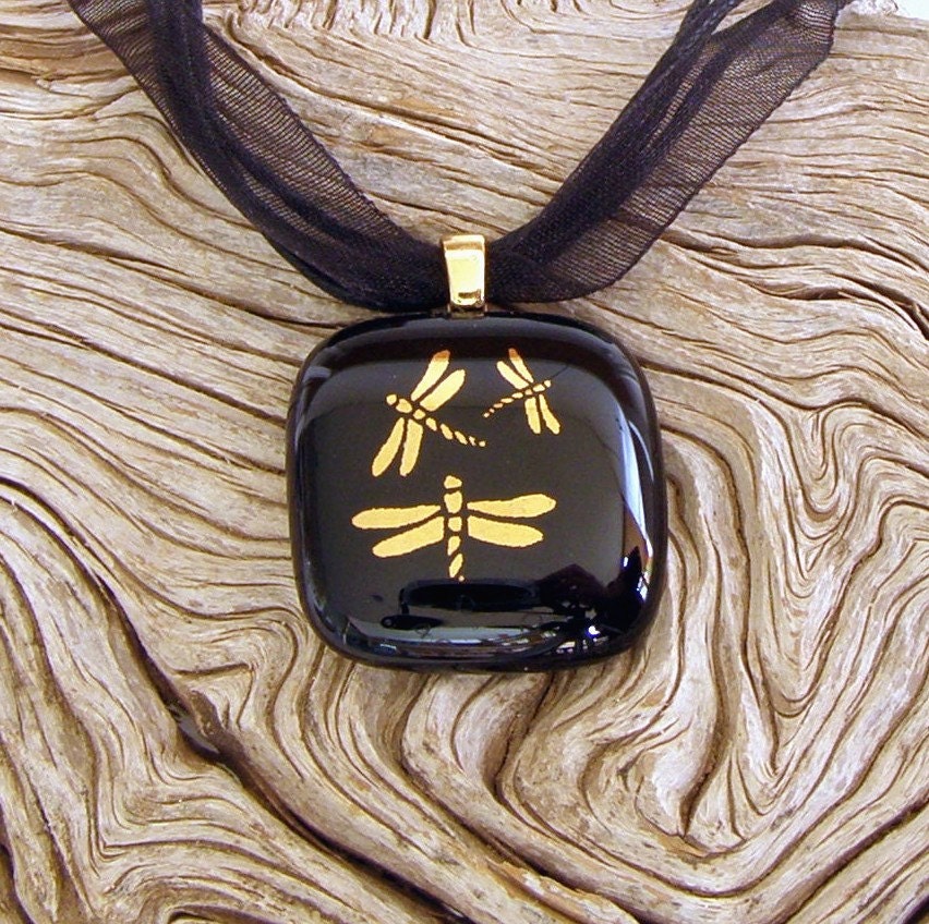 Black Fused Glass Pendant  Necklace with Gold Dragonfly Decals