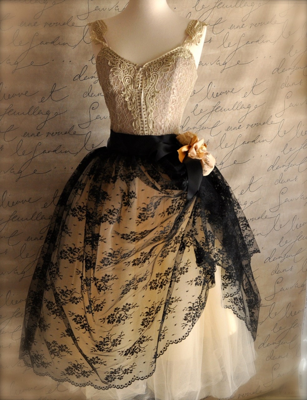 Mlle. Chantilly lace tulle skirt. Black lace over champagne tulle.
