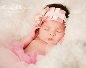 Pink satin rose lace headband for newborns and little girls.  All innocence,  lace, satin and a rose for little girls.