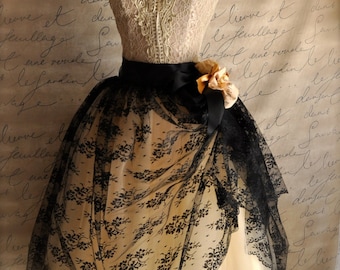 Mlle. Chantilly lace tulle skirt. Black lace over champagne tulle.