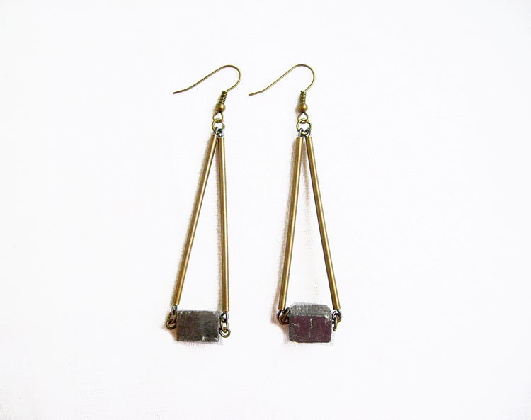 Minimalist Geometric Pyrite Earrings - Moon Landscapes - rough pyrite nuggets, gunmetal chains