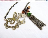 SUMMER SALE Butterfly Fringe Necklace - bronze filigree charm, tassel, wire wrapped beads