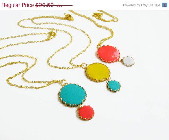 SUMMER SALE Color Dots Polymer Clay Necklace, Teal Blue, Yellow, Neon Red Bubble Necklace on Raw Brass - Color Dot Collection -Your Color C