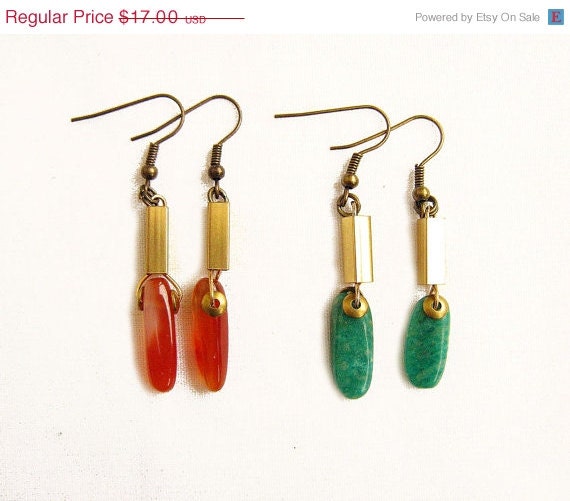 SUMMER SALE Amazonite Dangle Earrings, Brass Bar Geometric Earrings with Green OR Orange Amazonite Gemstones