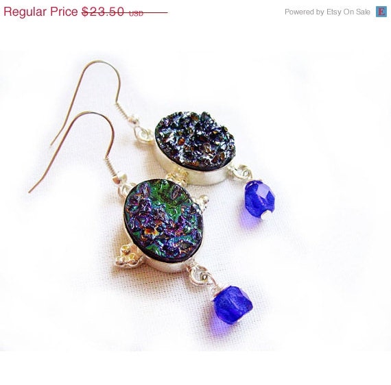 SUMMER SALE Titanium Druzy Earrings - Blue Starlight Moon Landscapes - Rough Druzy Oval Drop Handmade Earrings