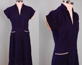 Vintage 40s navy blue day dress / Nautical sailor style