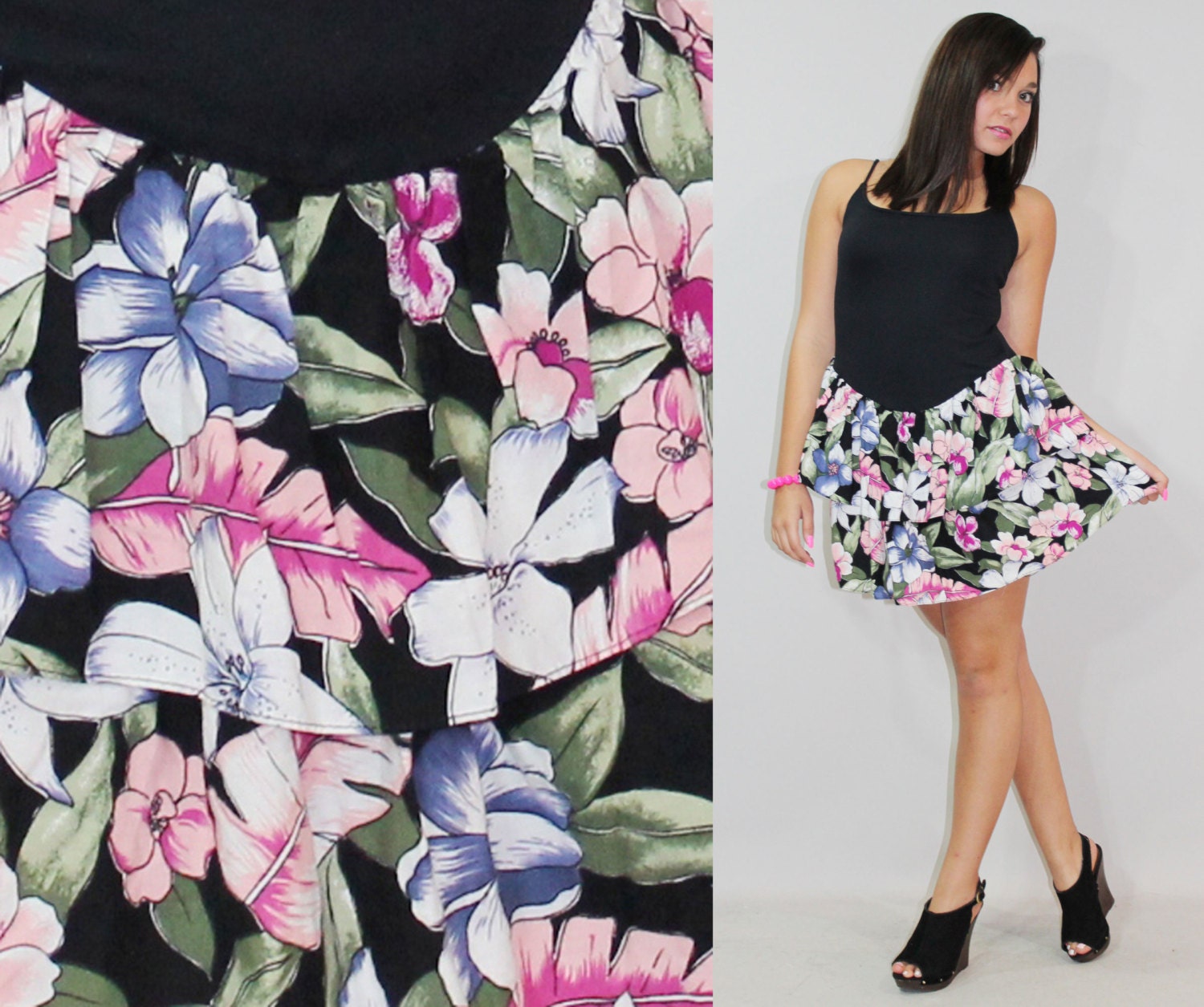 80s Mini Dress Ruffled Floral Cotton Summer Small S Medium M Vintage Sleeveless Tank