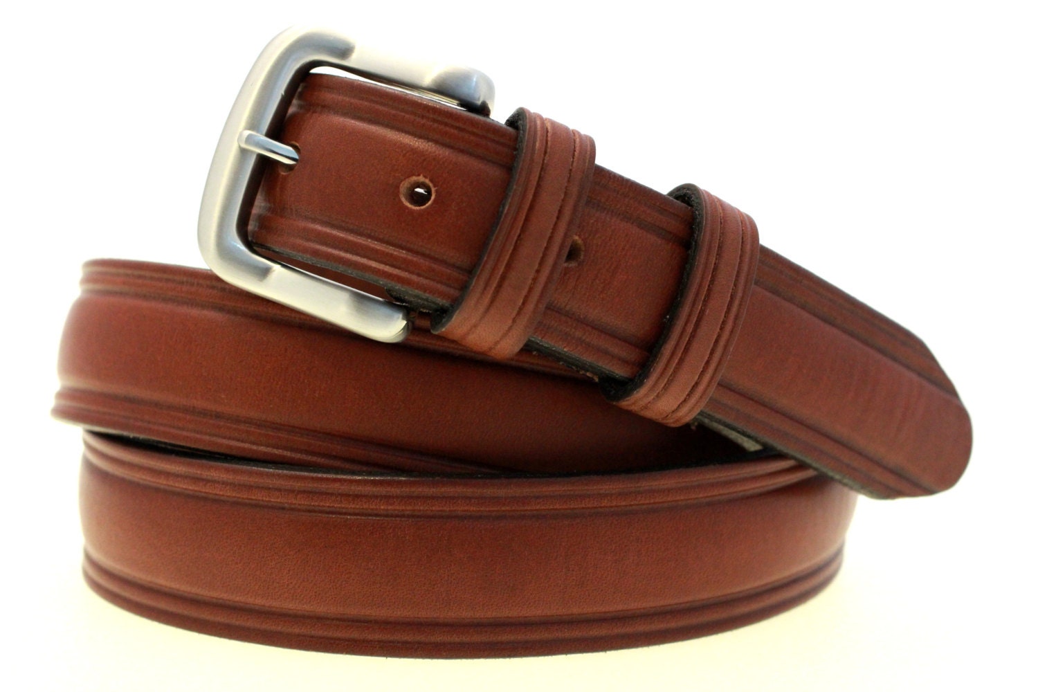 American Made Men's Domed 1 1/4" Rich Brown Bridle Leather Belt Double Loops Brushed Nickel Buckle