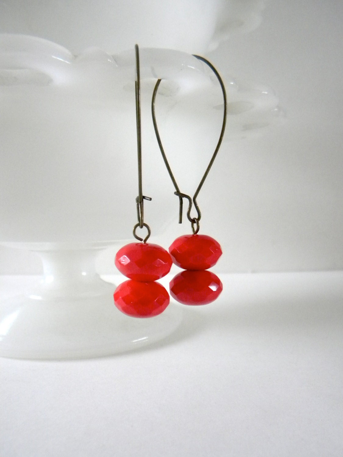 Cherry Red Earrings.  Rondelle Beads.  Czech Glass.  Aged Brass.