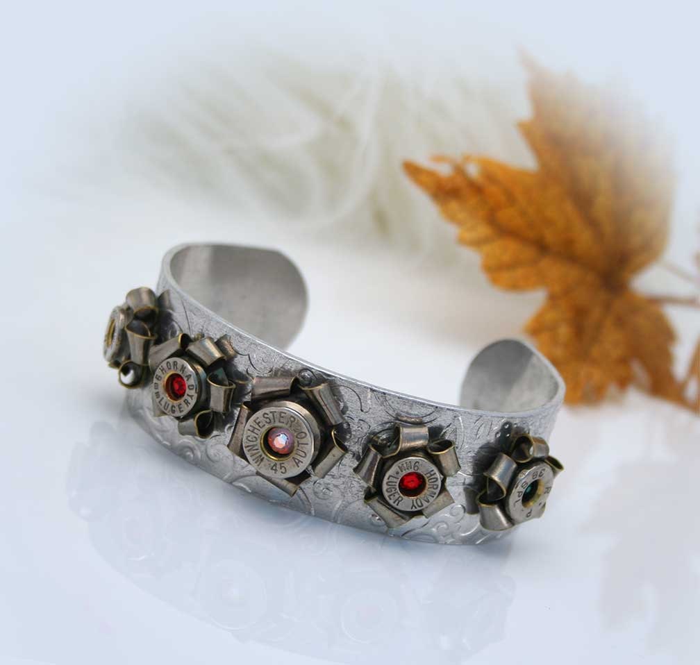 Bullet Cuff Bangle Bracelet, Nickel 45 ACP 9mm Casing Rosettes with Swarovski Crystals