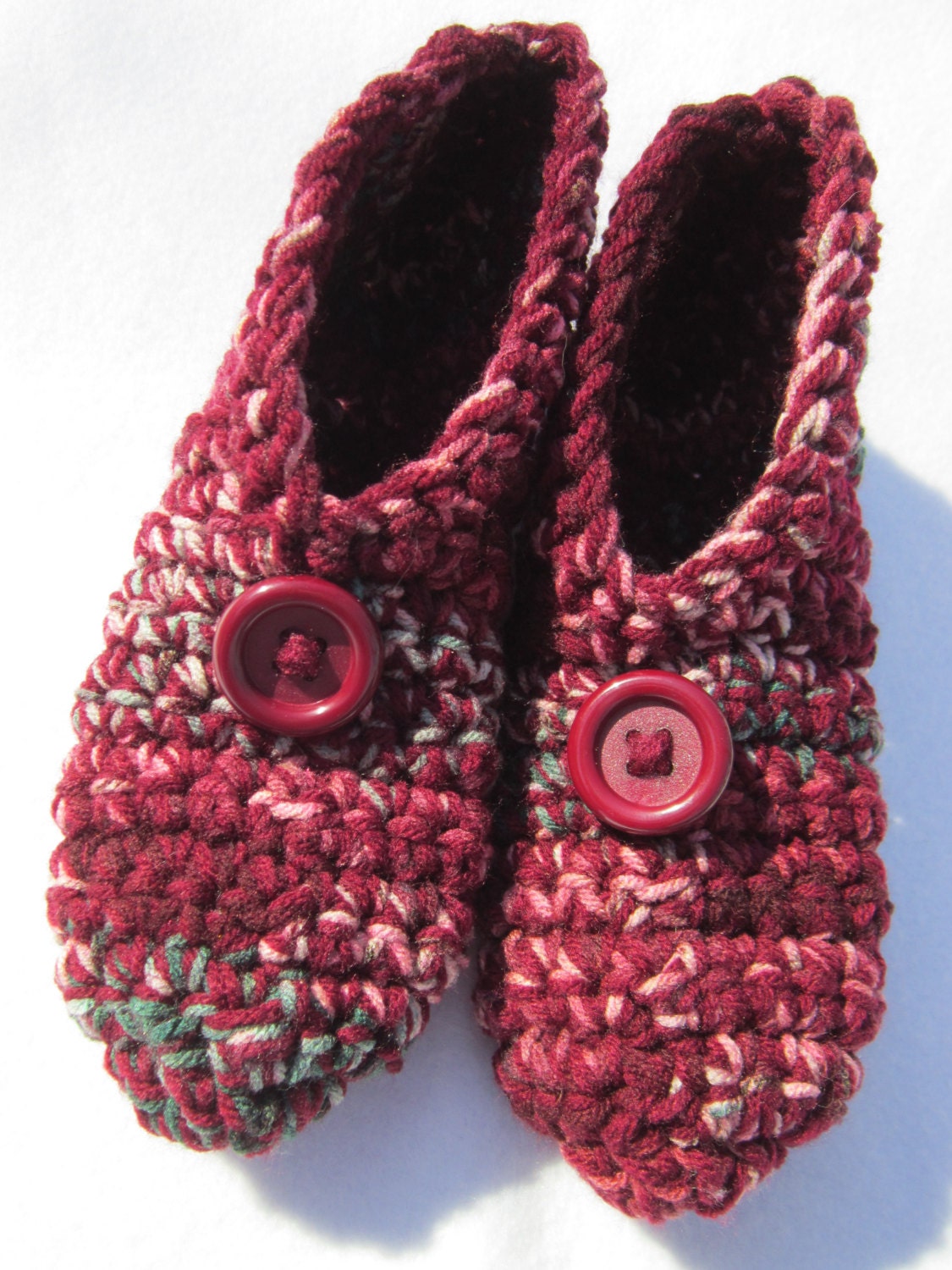 Crocheted Slippers in Maroon and Green  Size Large