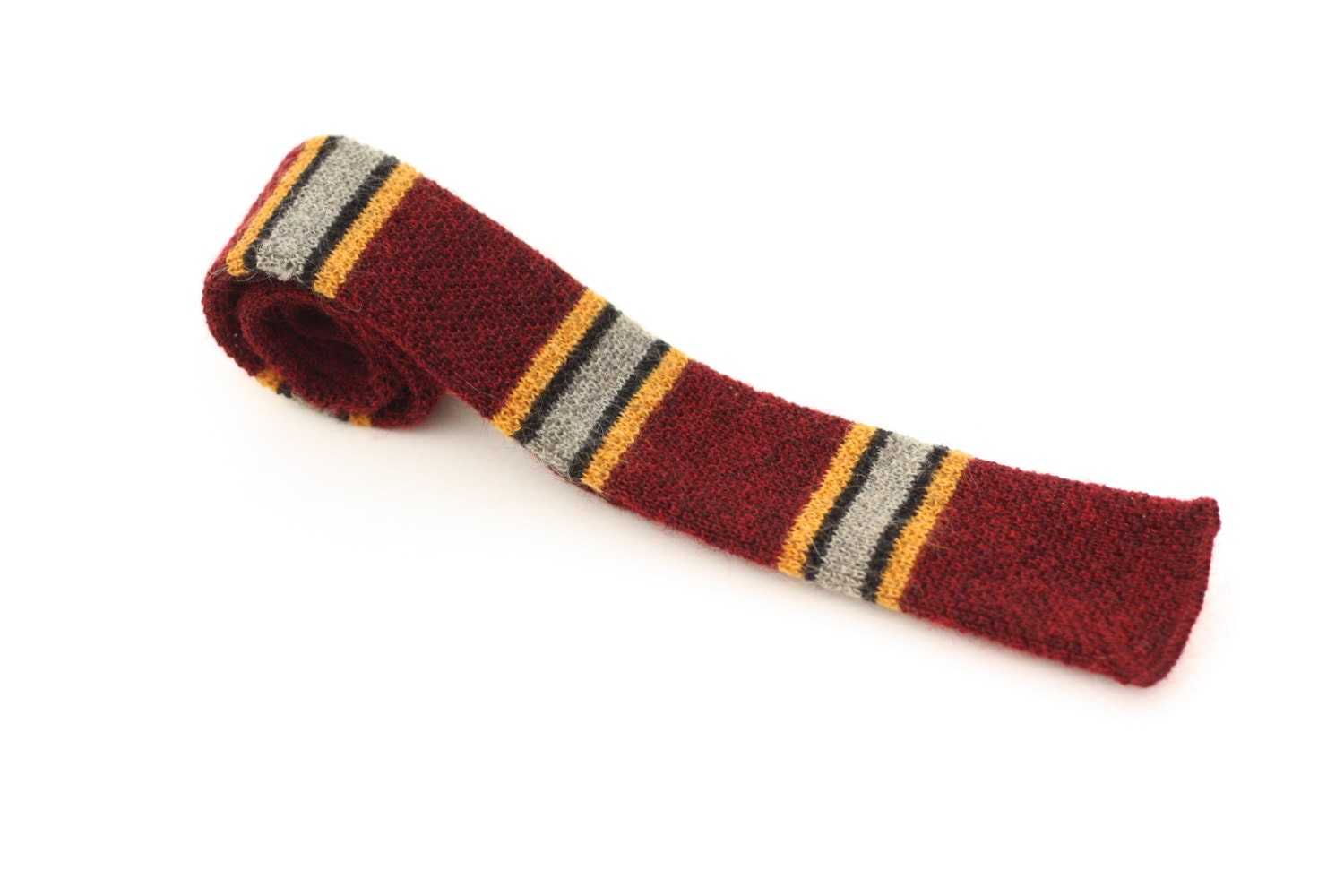 ROOSTER Woven Mohair and Wool Skinny Sweater Tie in Burgundy with Yellow, Gray, Black Stripes